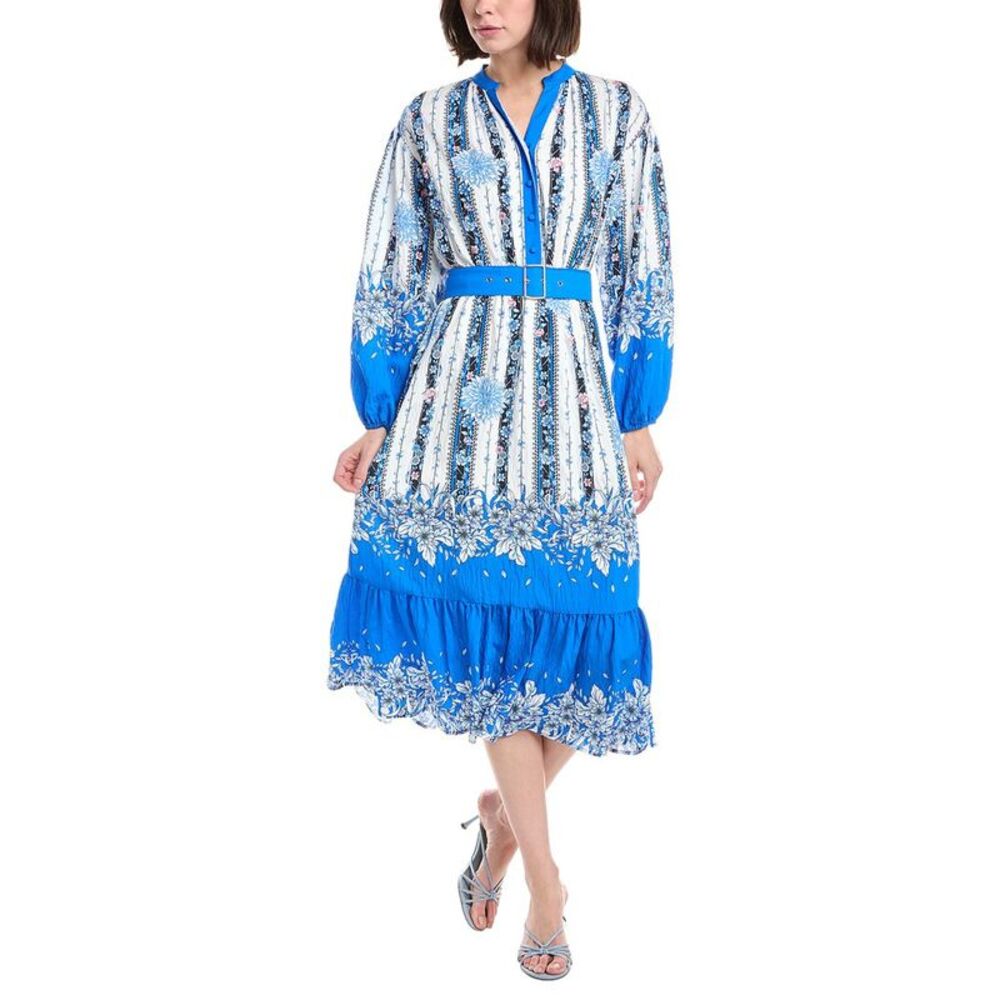 T Tahari Womens  Split Neck Half Placket Midi Shirtdress, Blue